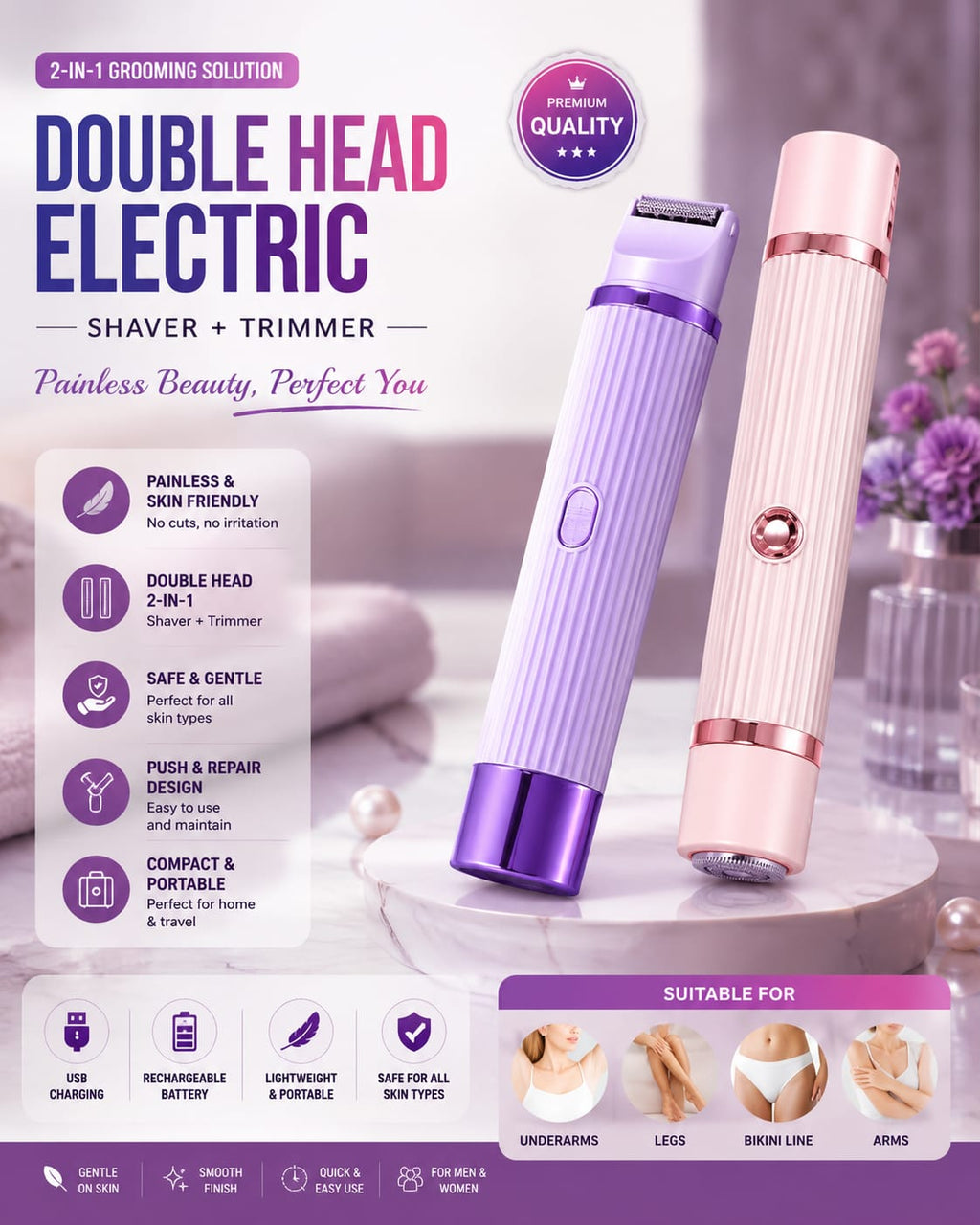 2 in 1 Women Electric Shaver Dual Head Bikini Trimmer for Women IPX7 Waterproof Wet & Dry Use Body Hair Trimmer and Facial Hair Remover for Bikini Underarm Leg Arm Body Face Rs 1,868