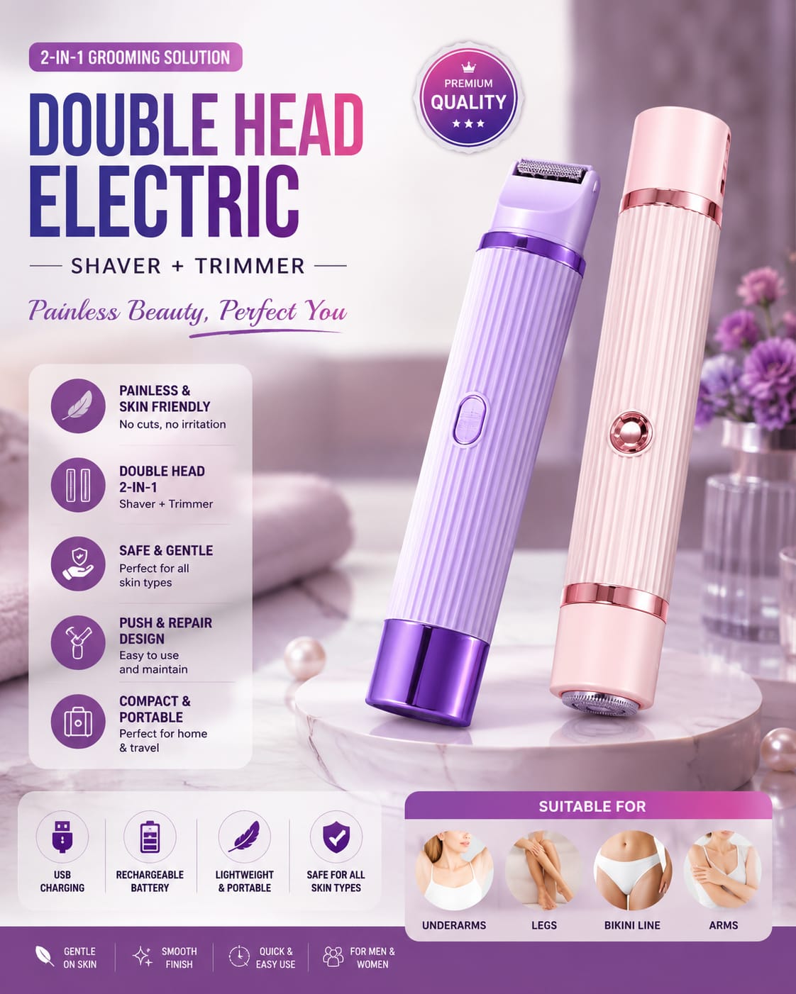 2 in 1 Women Electric Shaver Dual Head Bikini Trimmer for Women IPX7 Waterproof Wet & Dry Use Body Hair Trimmer and Facial Hair Remover for Bikini Underarm Leg Arm Body Face Rs 1,868