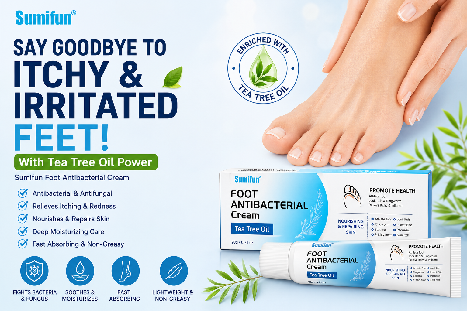 Sumifun Foot Antibacterial Cream with Tea Tree Oil – Nourishing & Repairing Formula (20g)